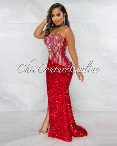 Castro Red Rhinestones Sequins Maxi Dress
