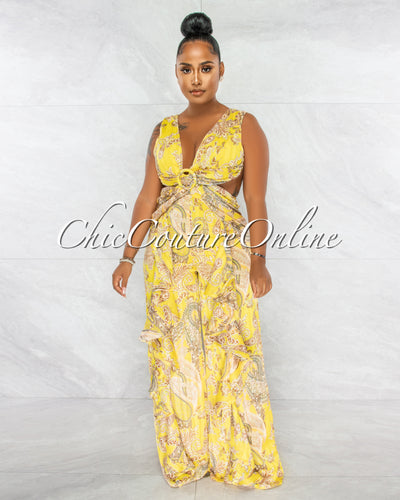 *Elodie Yellow Brown Paisley Print Ruffle Legs Jumpsuit