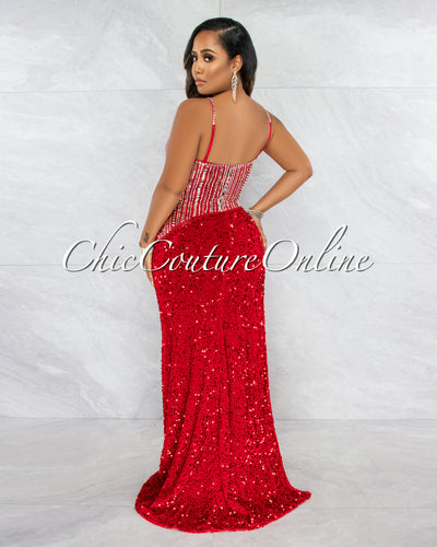 Castro Red Rhinestones Sequins Maxi Dress