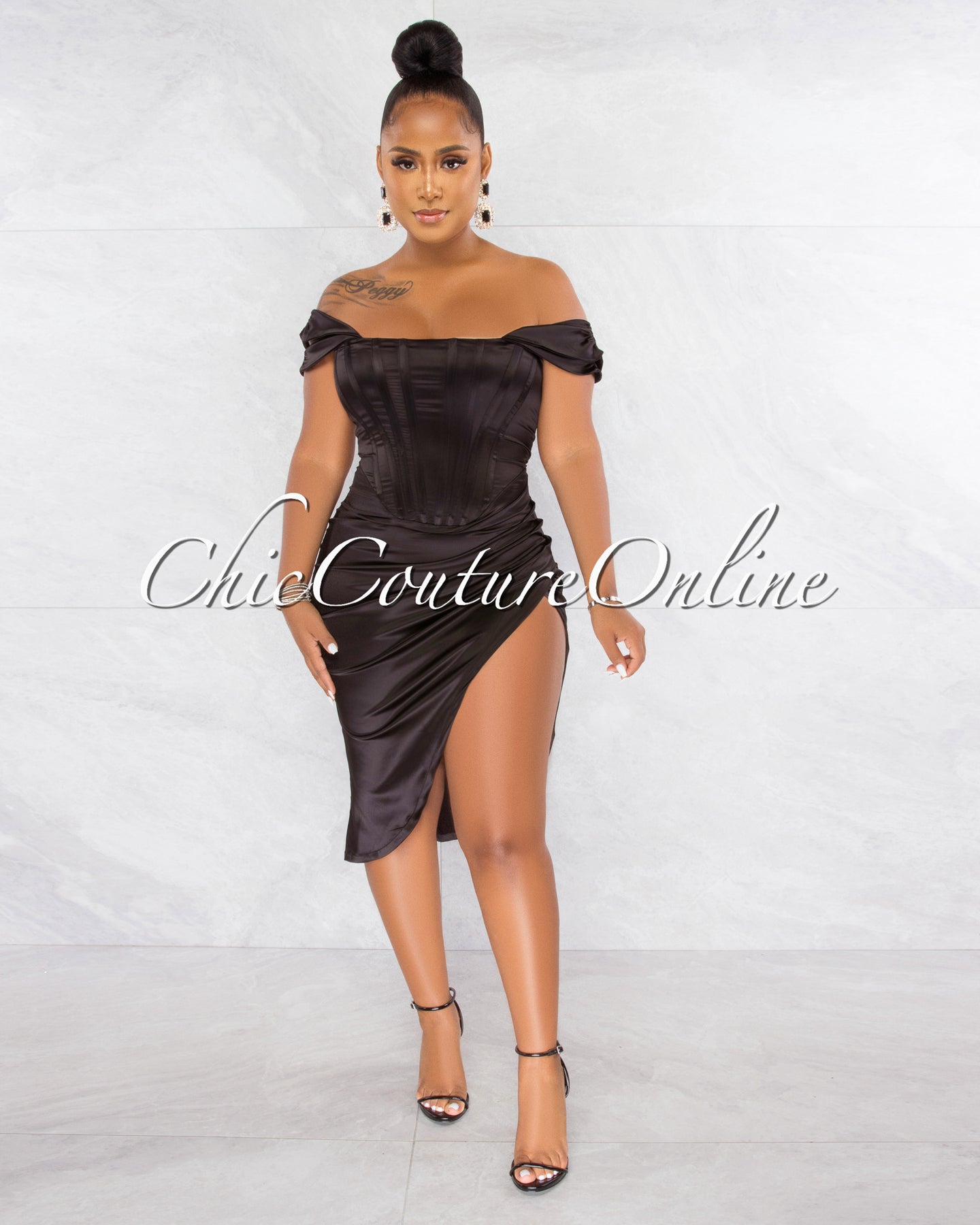 *Suyen Black Satin Drape Corset Midi Dress – Chic Couture Online