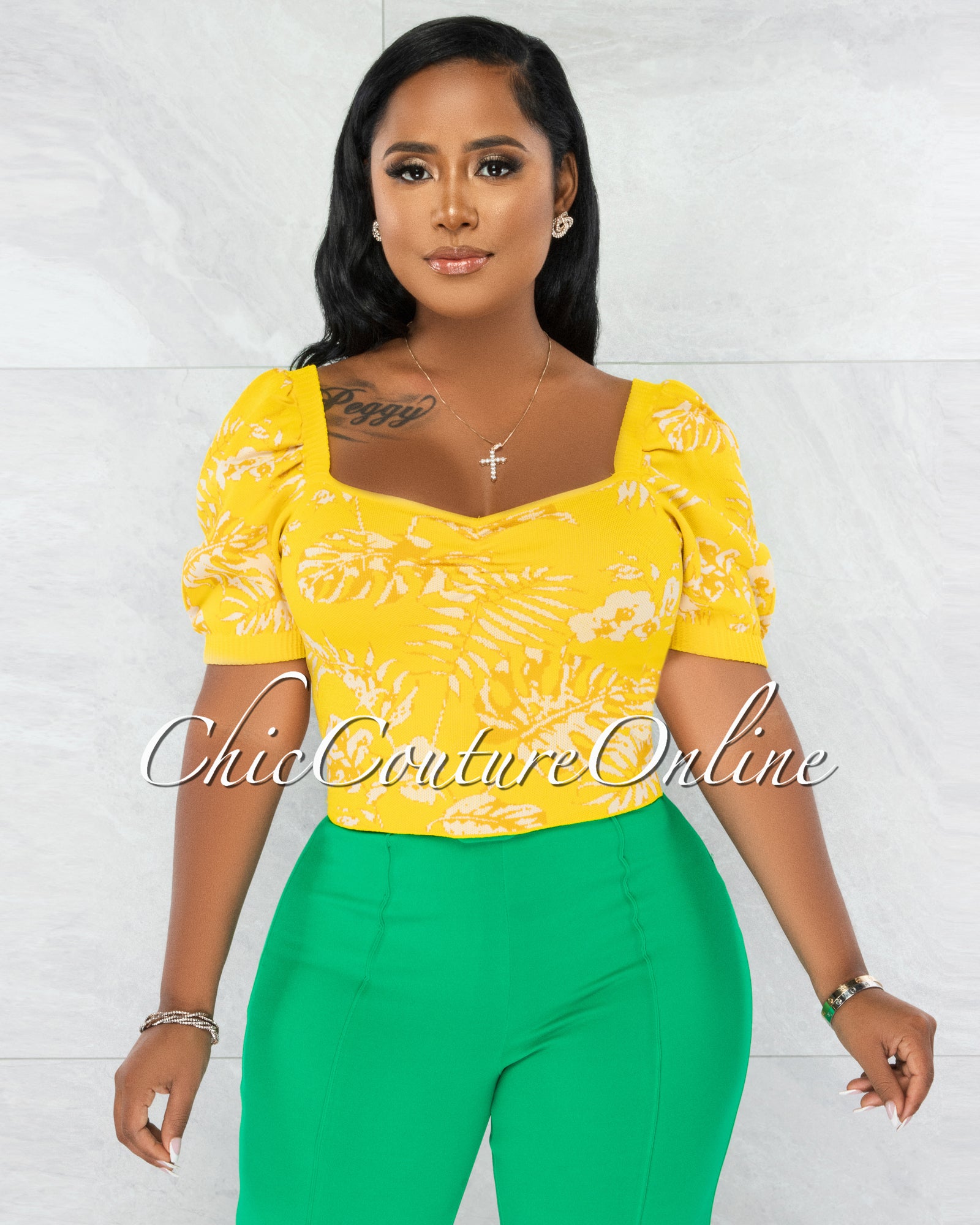 *Cinta Yellow Leaf Print Bubble Sleeves Knit Crop Top