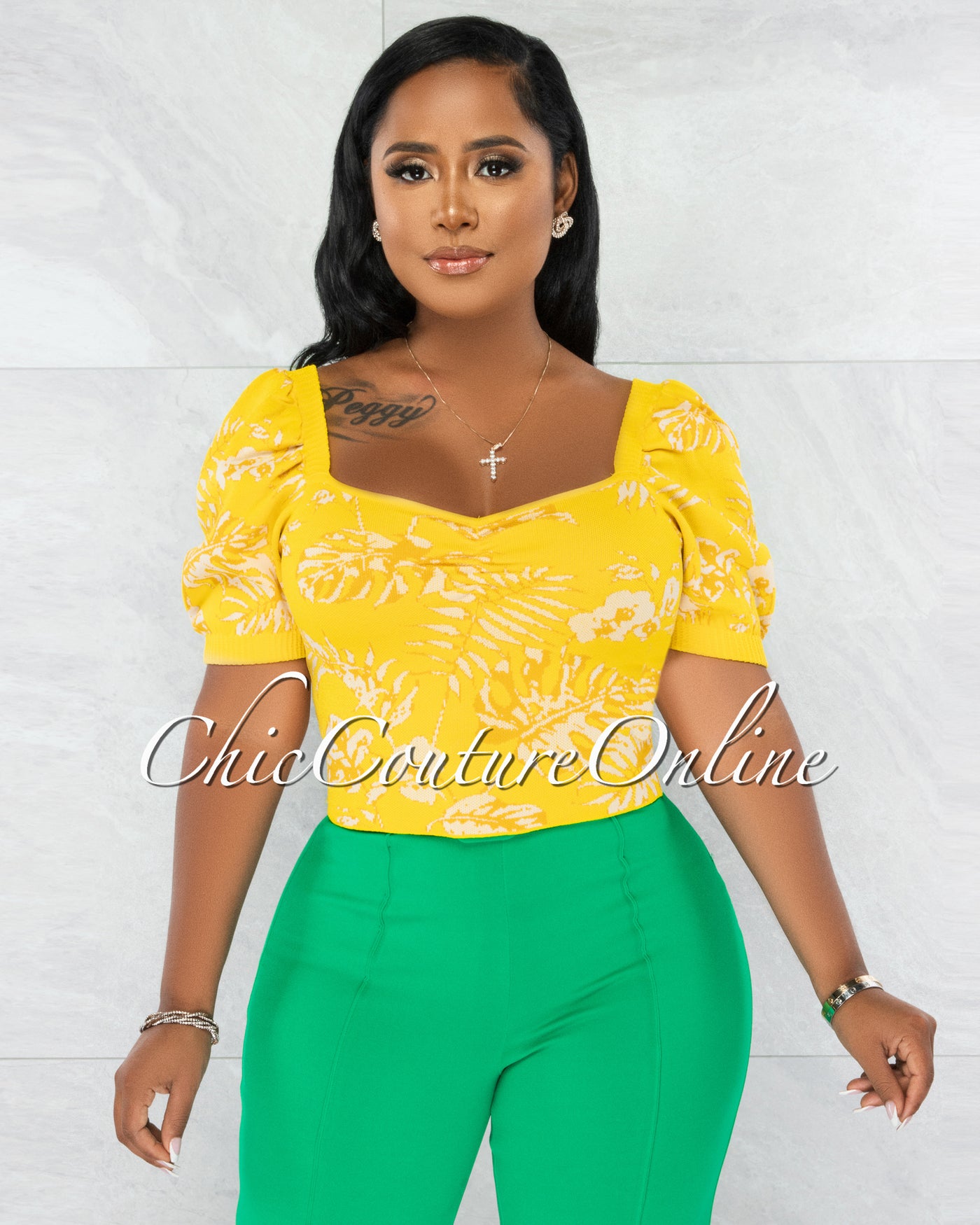 Cinta Yellow Leaf Print Bubble Sleeves Knit Crop Top