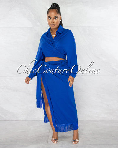 *Armand Royal Blue Long Straps Shirt & Fringe Slit Skirt Set