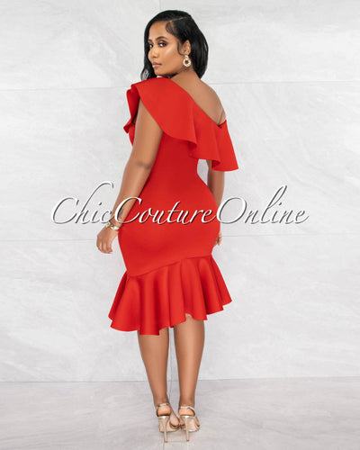 Hadara Red Ruffle Single Shoulder Ponti Midi Dress