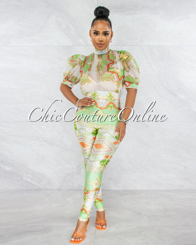 *Savana White Lime Print Bubble Sleeves Sheer Top Jumpsuit