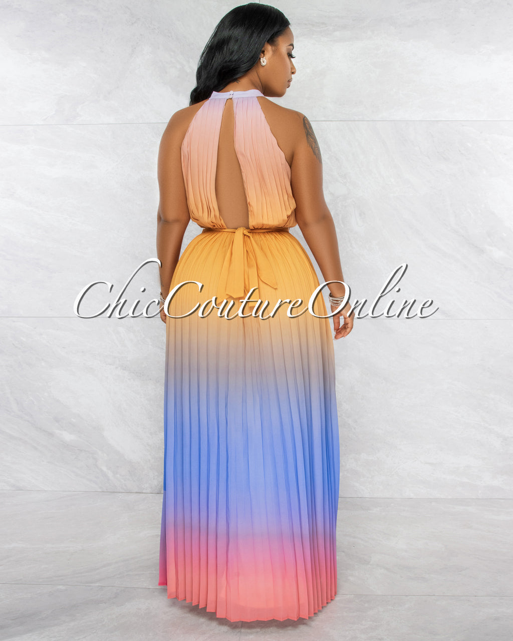 *Janique Mustard Blue Ombre Halter Maxi Pleated Dress