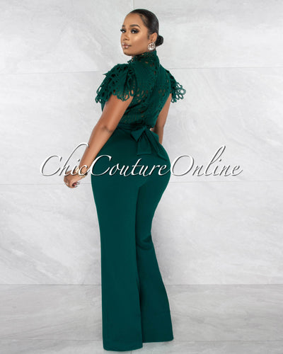 *Charity Hunter Green Crochet See-Thru Top Ruffle Sleeves Jumpsuit