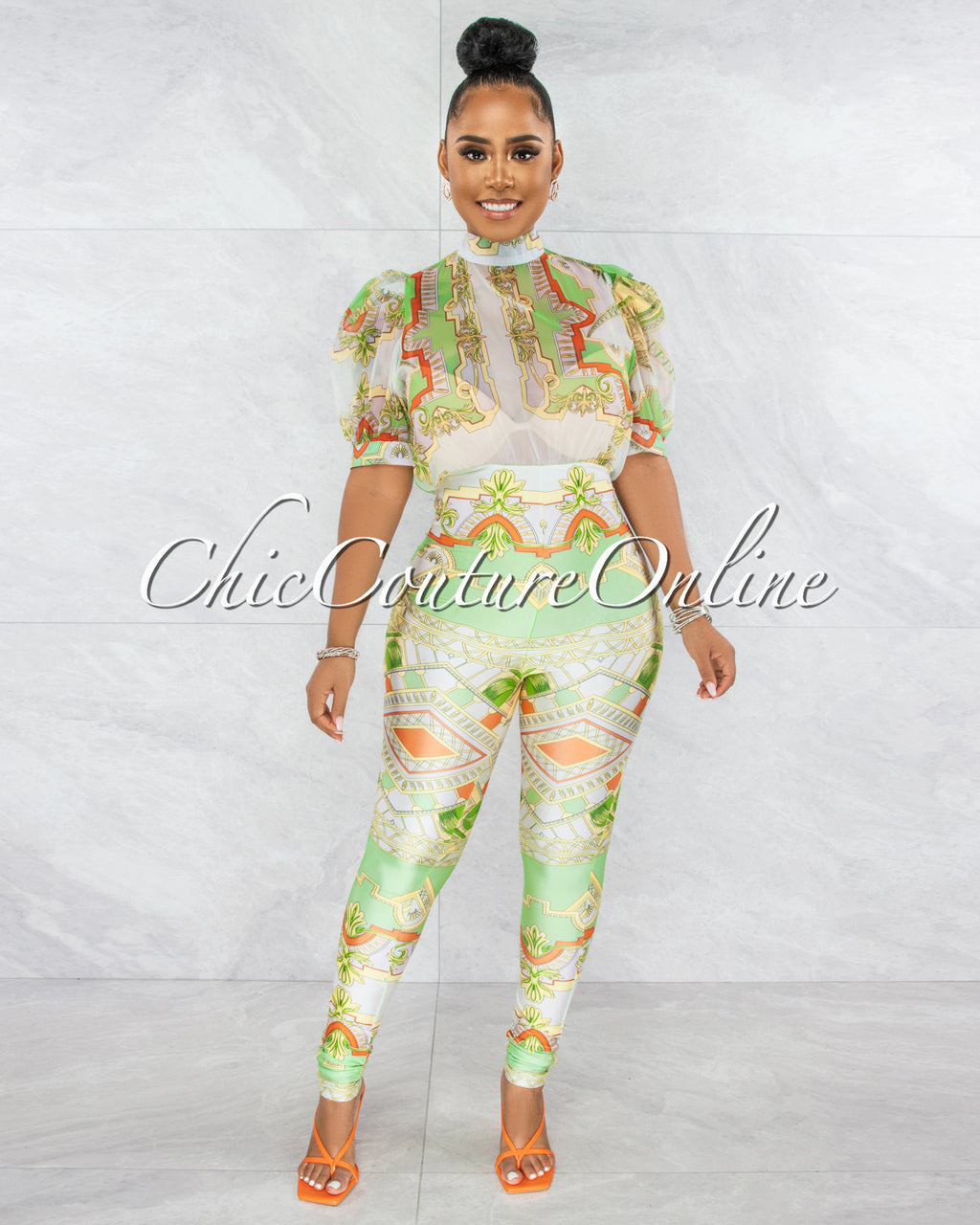 *Savana White Lime Print Bubble Sleeves Sheer Top Jumpsuit