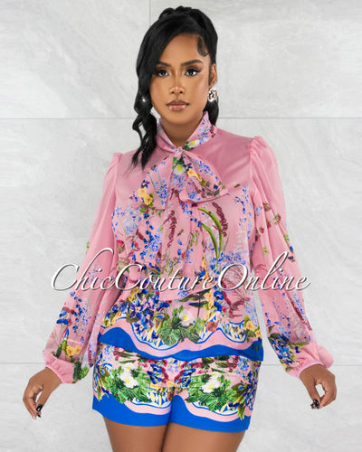 Fortney Pink Floral Print Semi-Sheer Blouse & Shorts Set