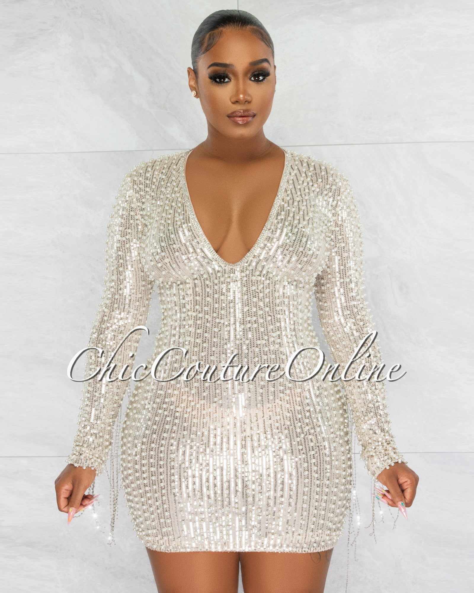 *Glory Silver Sequin Pearls Chain Sleeves Fringe Mini Dress