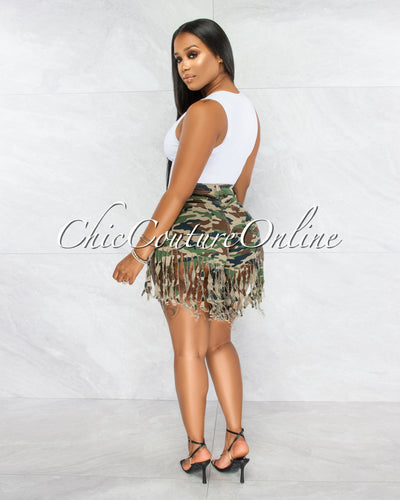 *Diana Camo Tie-Dye Distressed Fringe Denim Shorts