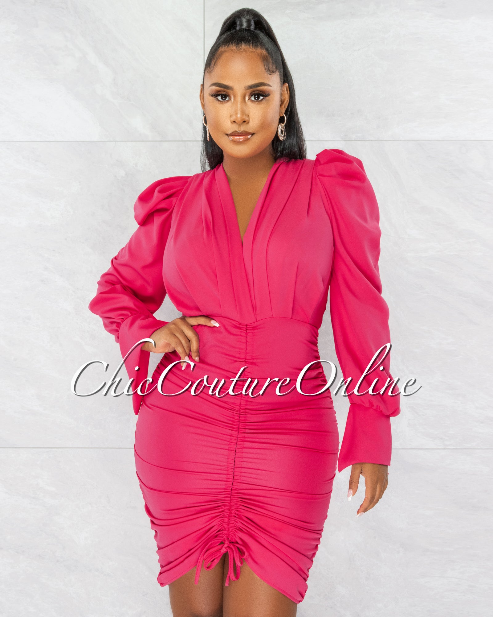 *Crisanta Fuchsia V Pleated Neckline Ruched Midi Dress