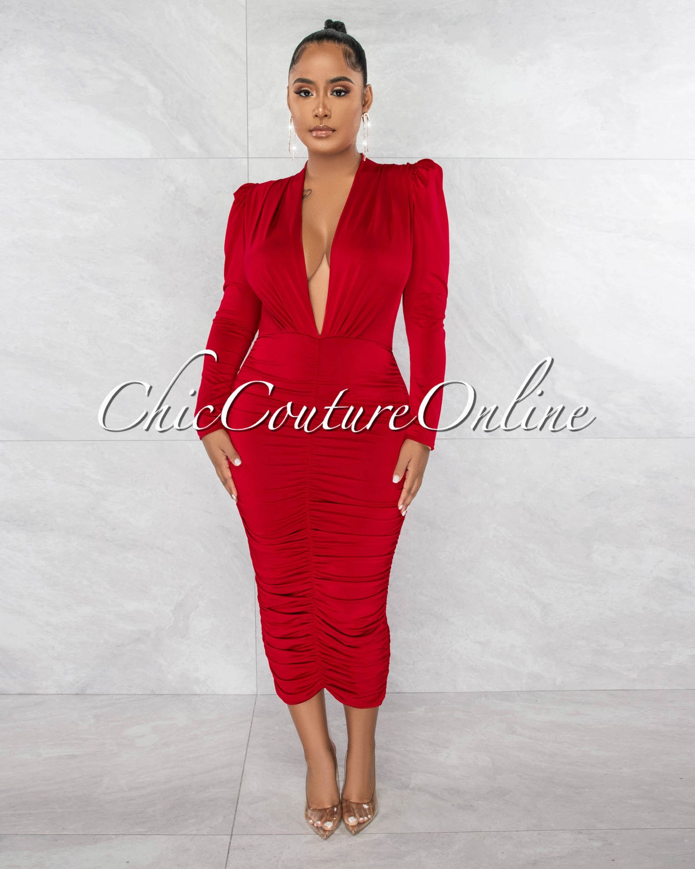 Yelena Red Deep V-Neck Ruched Midi Dress