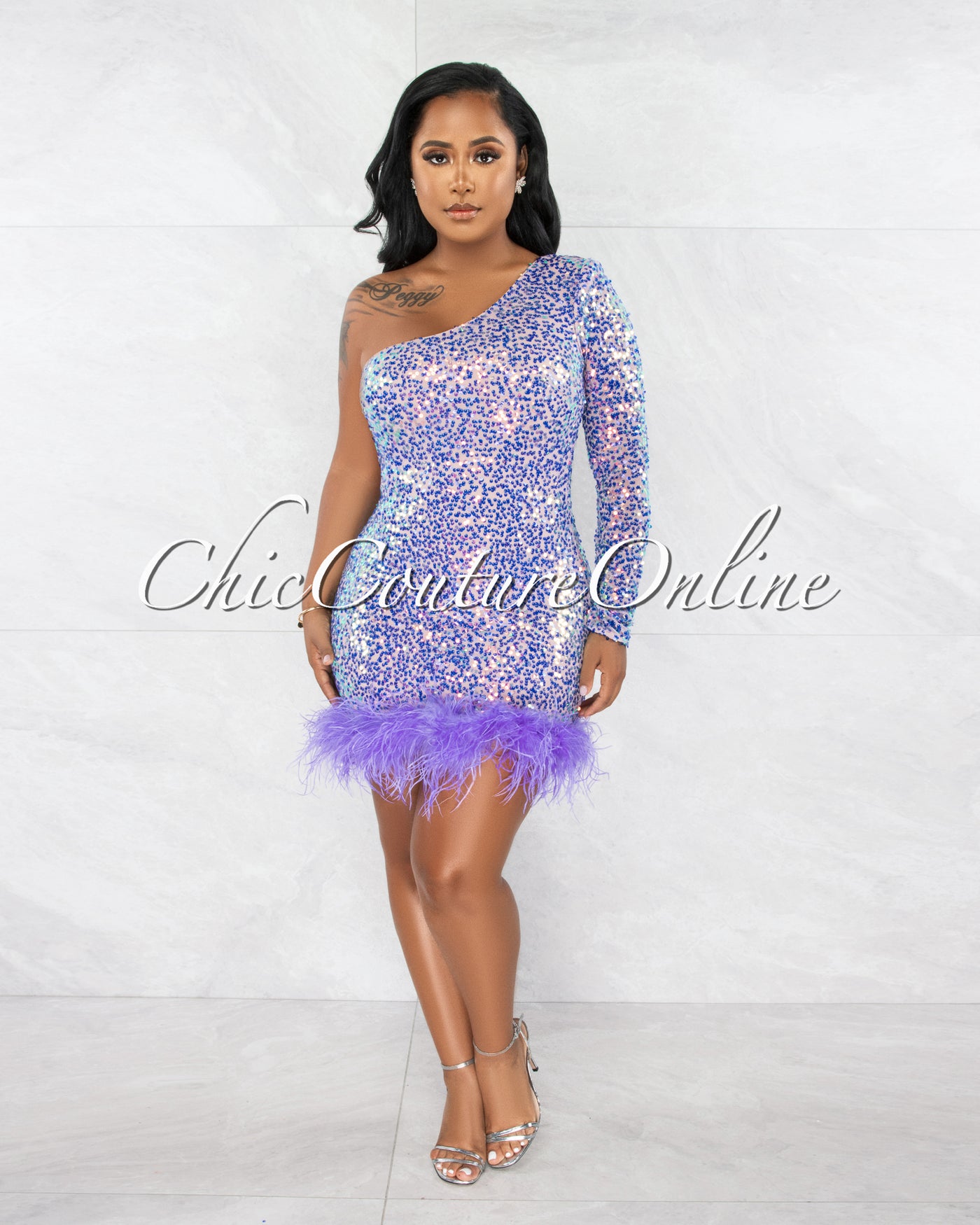 Mylena Purple Sequins Feathers Hem Single Shoulder Mini Dress