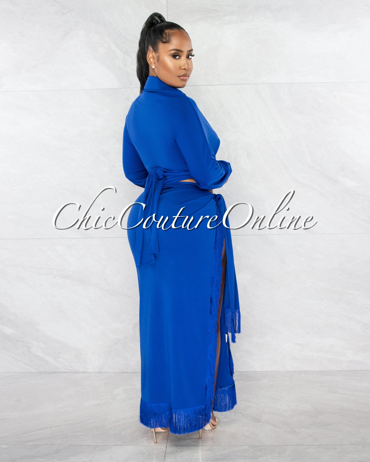 *Armand Royal Blue Long Straps Shirt & Fringe Slit Skirt Set