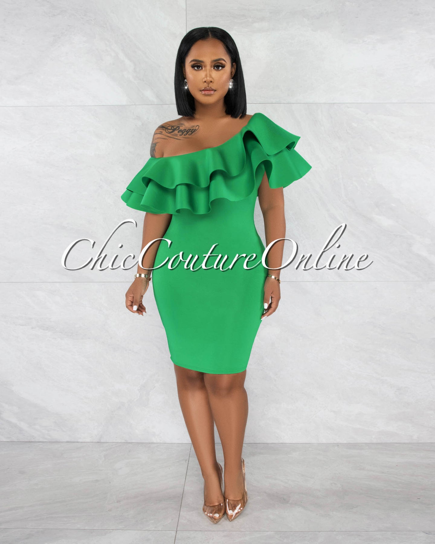 Renaldi Green Off-The Shoulder Ruffle Top Ponti Dress – Chic Couture Online