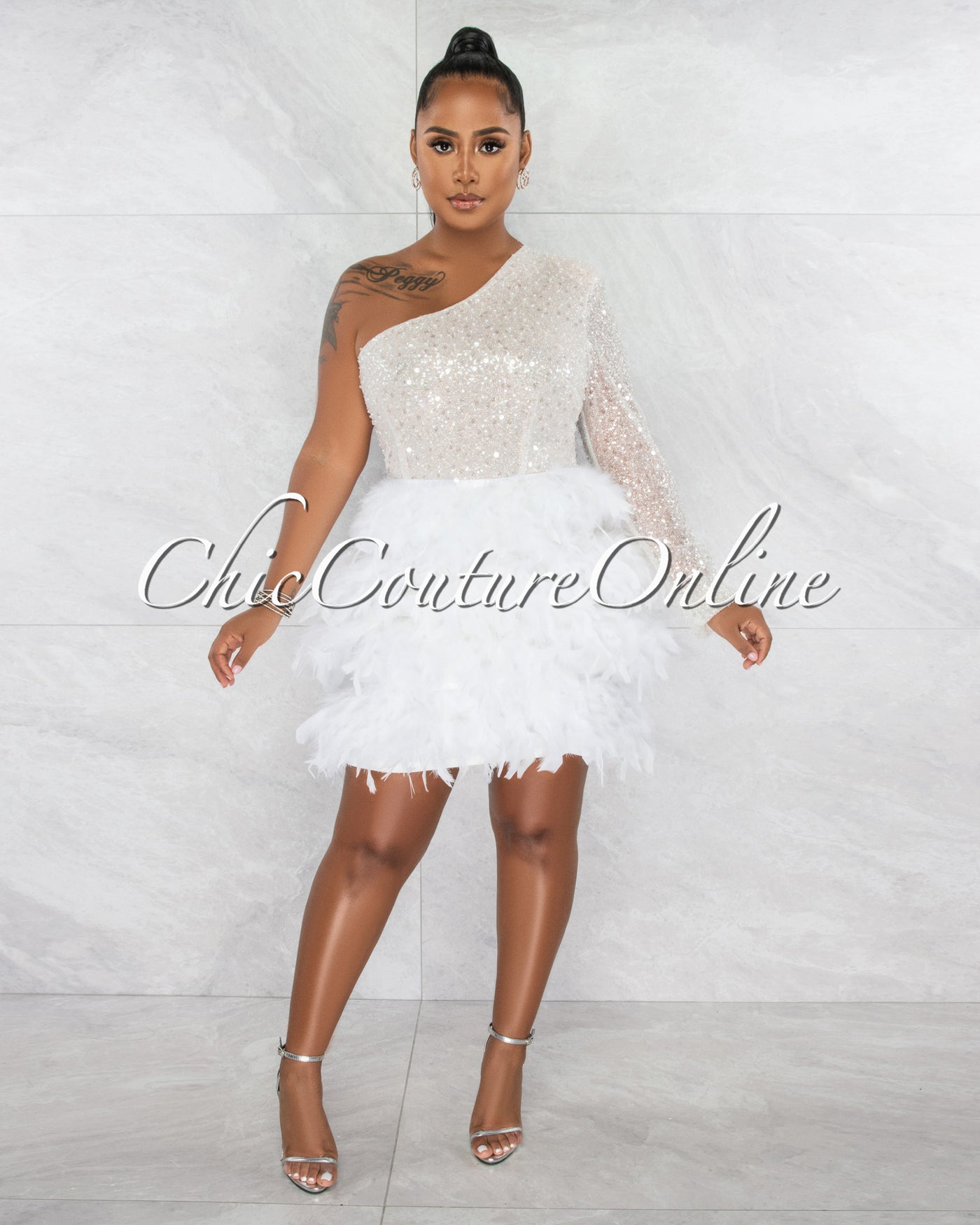 Bannie White Nude Illusion Sequins Pearls Feathers Hem Dress