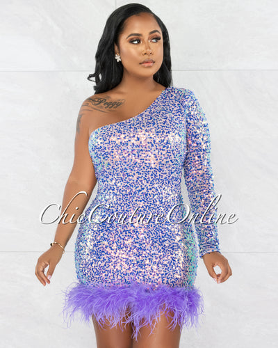 Mylena Purple Sequins Feathers Hem Single Shoulder Mini Dress