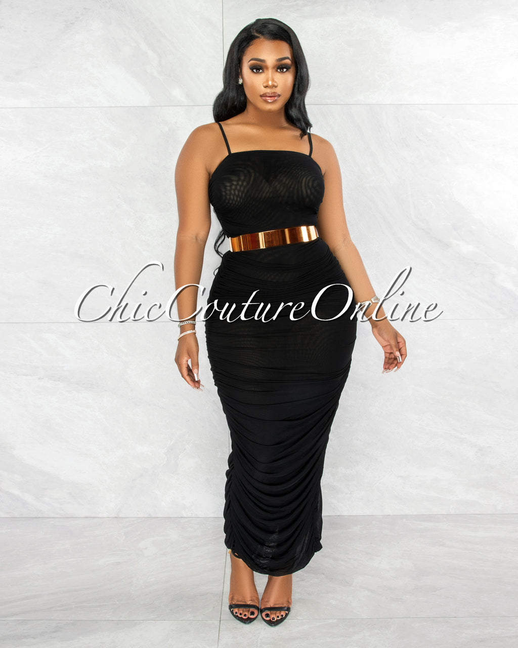 Camilo Black Mesh Ruched Sheer Maxi Dress
