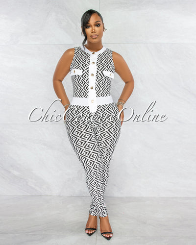 Redell White Black Fret Print Gold Buttons Jumpsuit