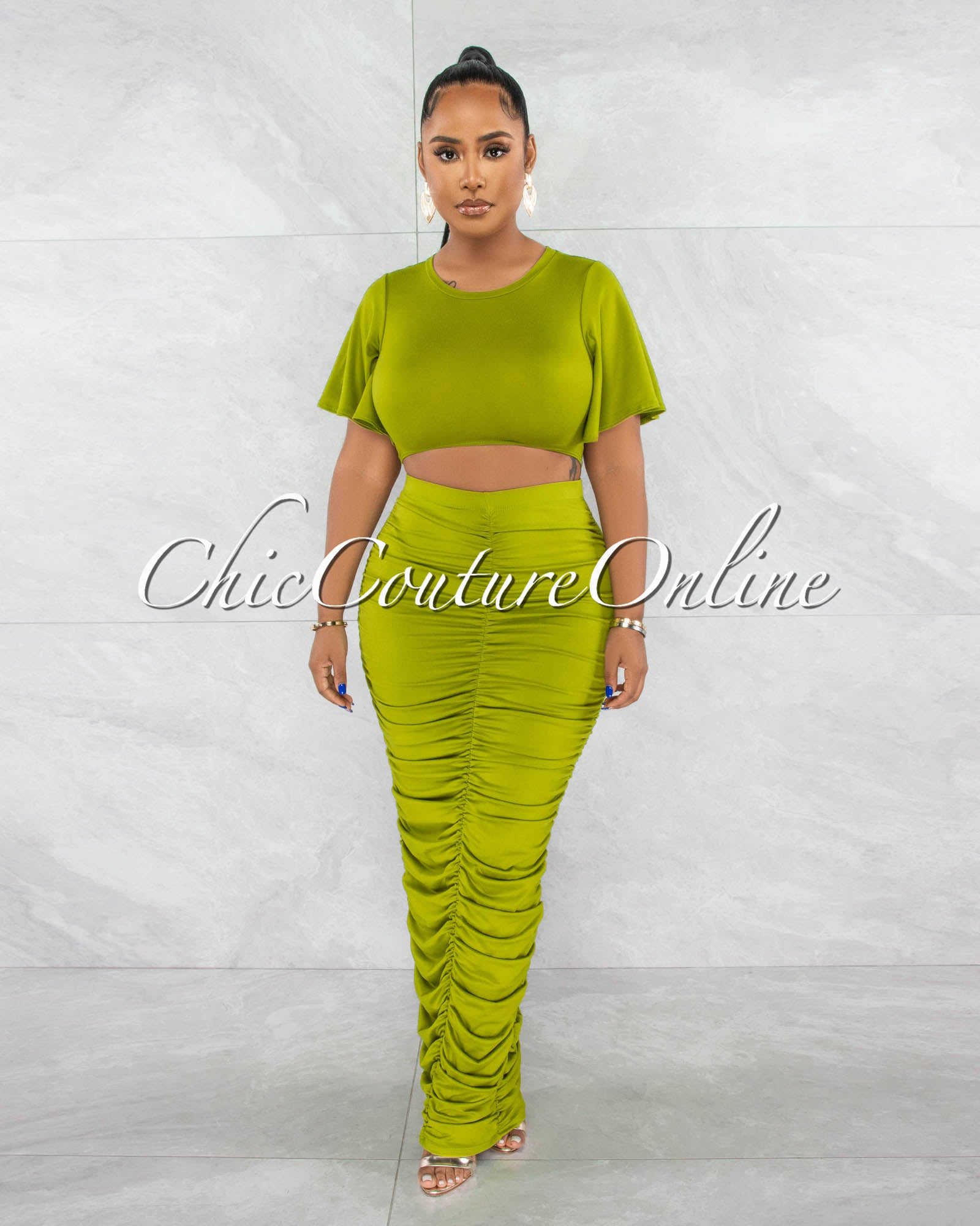 *Pharia Green Crop Top & Ruched Maxi Skirt Set