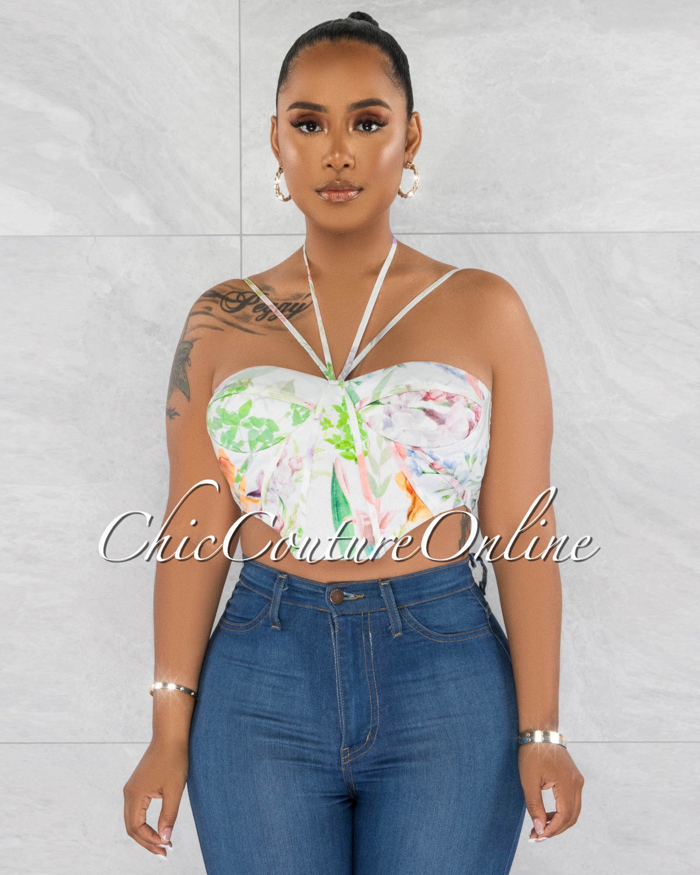 *Sarra Off-White Floral Print Strappy Crop Top