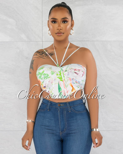 *Sarra Off-White Floral Print Strappy Crop Top