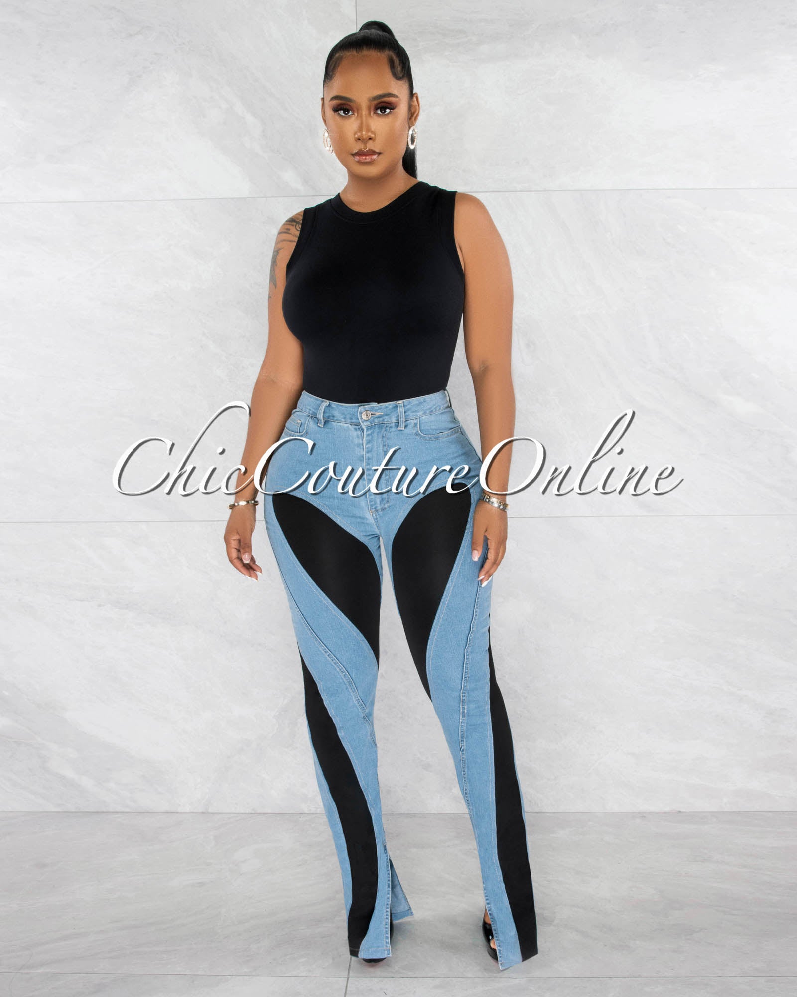 *Myrel Light Denim Black Accent High Waist Jeans