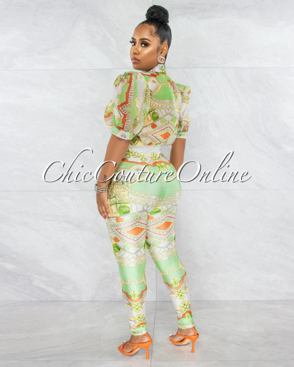 *Savana White Lime Print Bubble Sleeves Sheer Top Jumpsuit