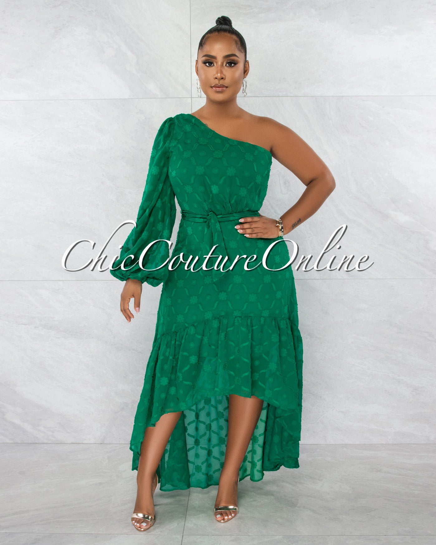*Mathias Green Embroidery Single Shoulder Hi-Lo Maxi Dress