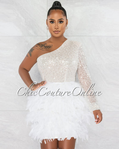 Bannie White Nude Illusion Sequins Pearls Feathers Hem Dress