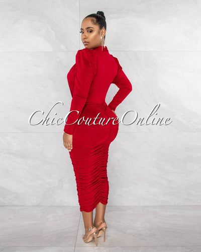 Yelena Red Deep V-Neck Ruched Midi Dress