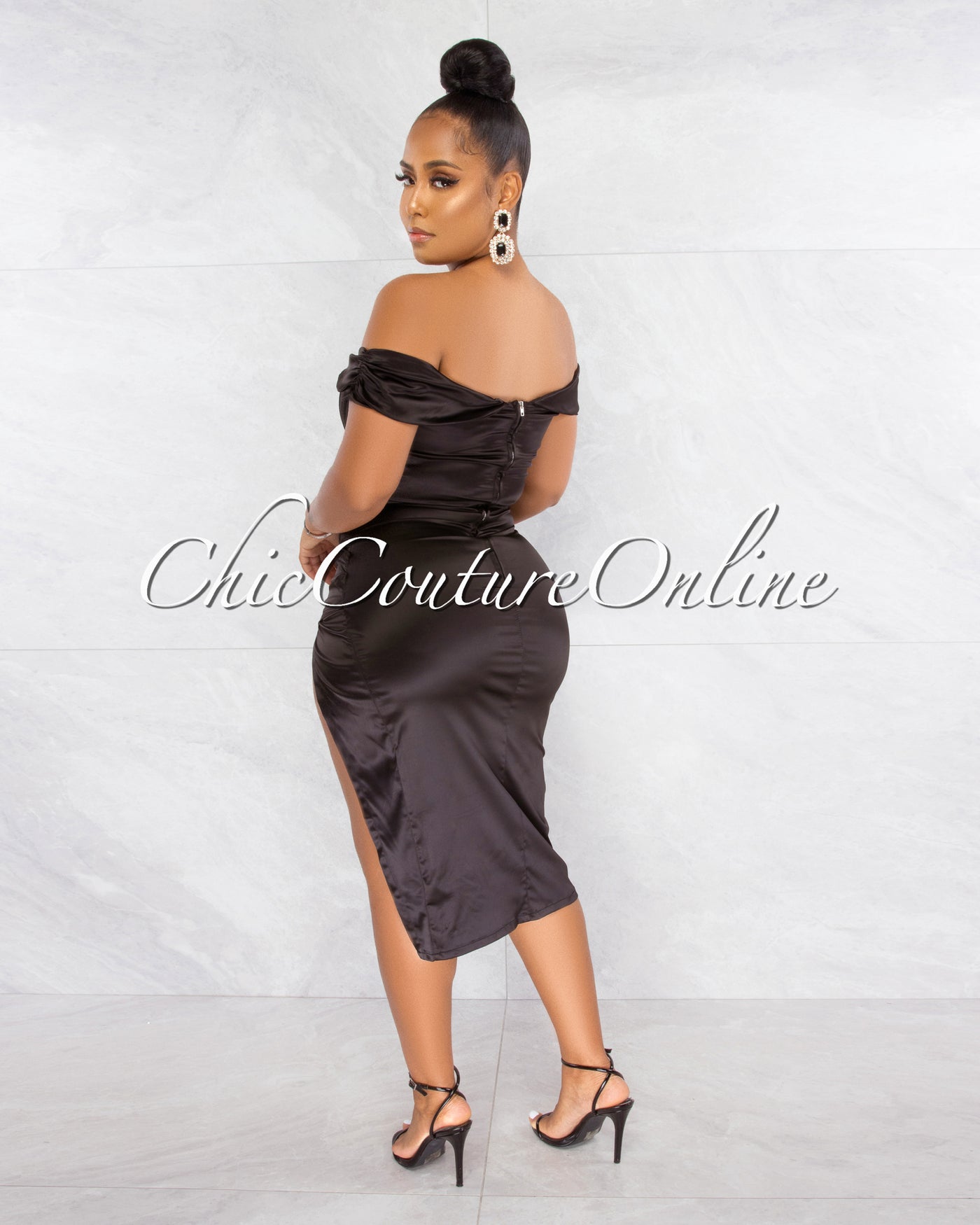 *Suyen Black Satin Drape Corset Midi Dress