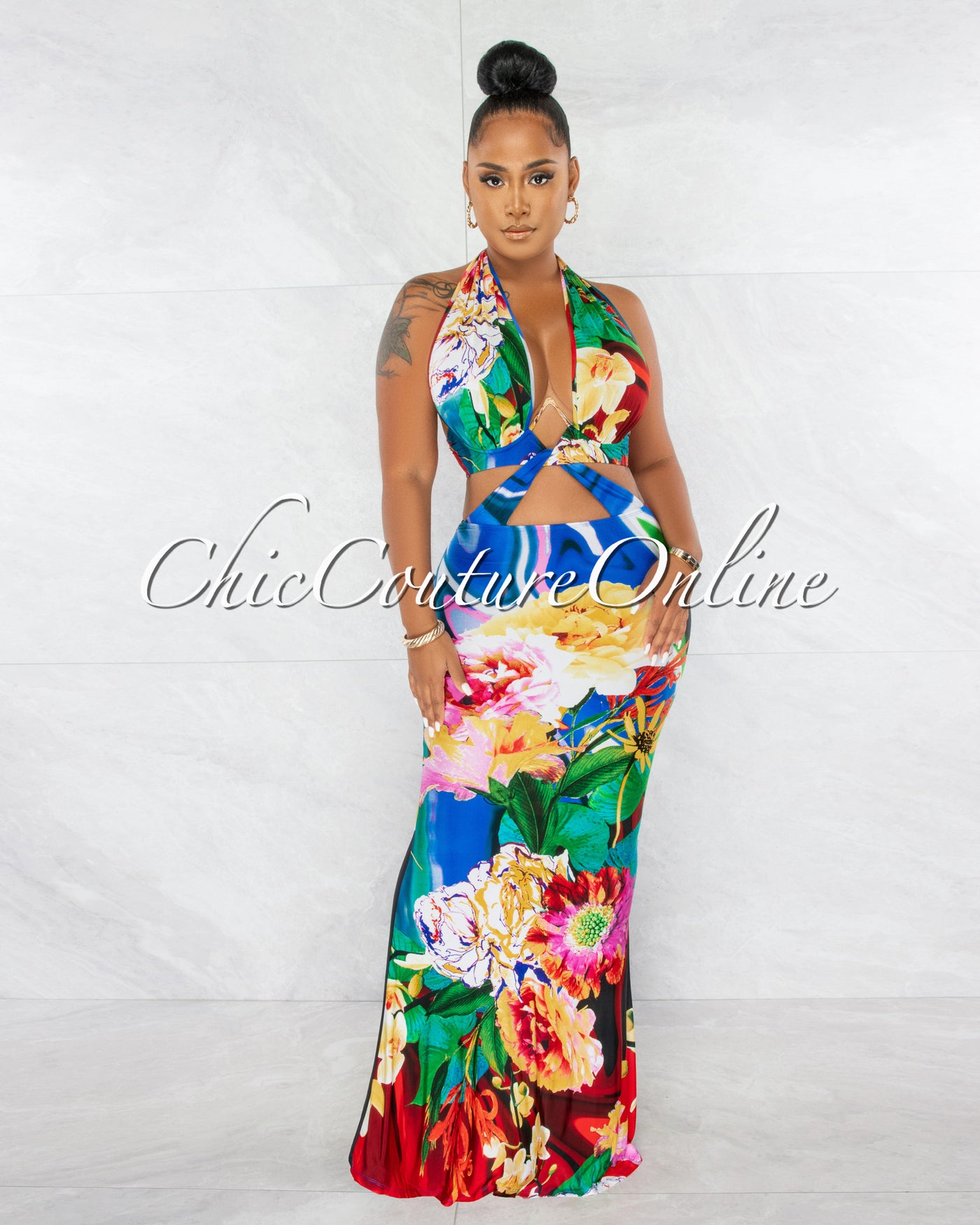 Lunar Multi-Color Floral Print Cut-Out Maxi Dress