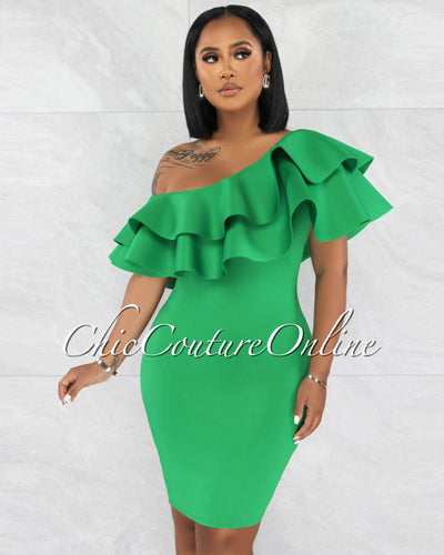 Renaldi Green Off-The Shoulder Ruffle Top Ponti Dress