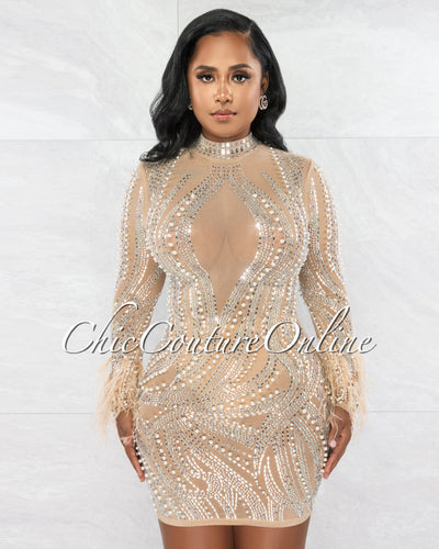 Laurel Nude Rhinestones Pearls & Feathers Mesh Mini Dress