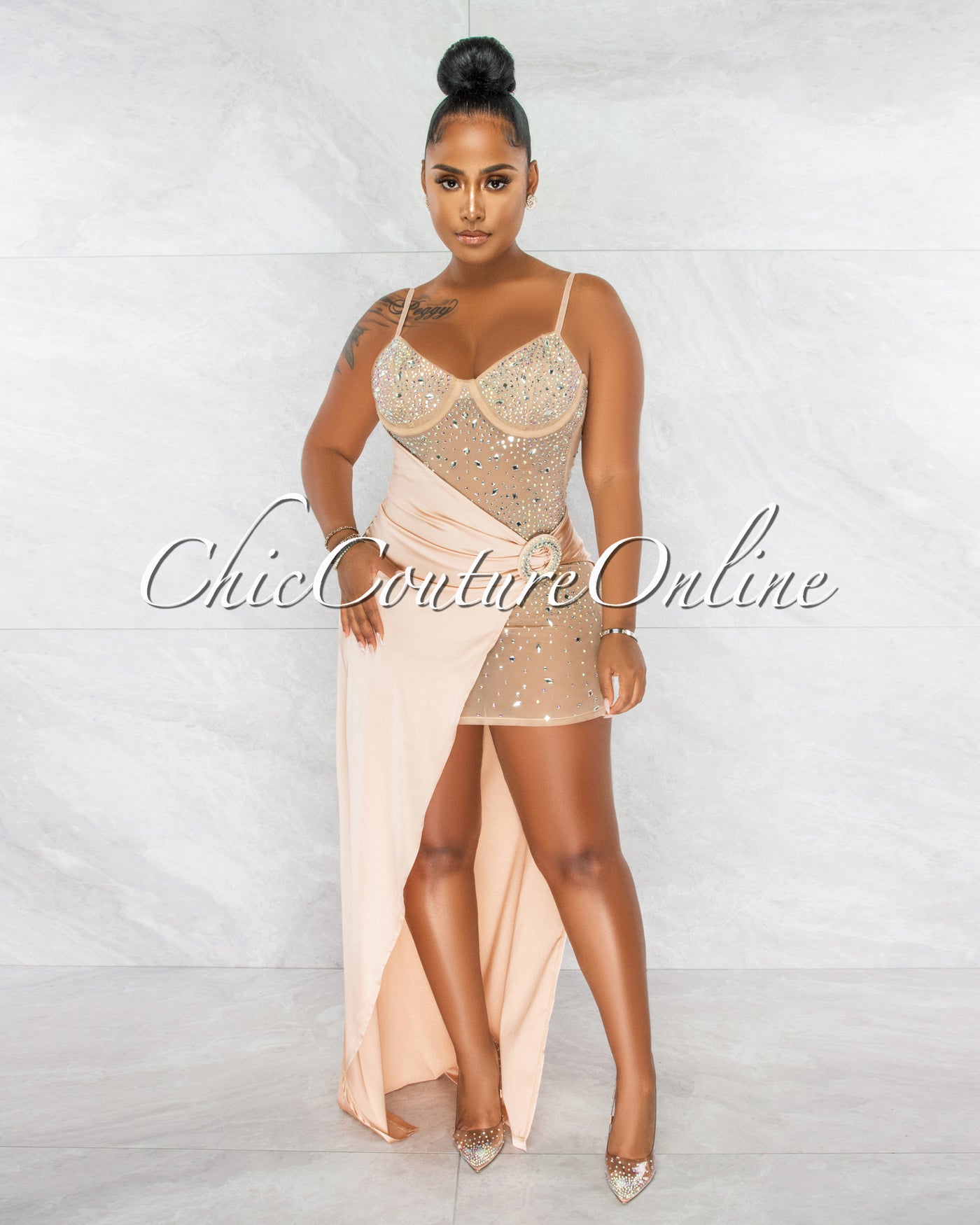 *Briella Nude Rhinestones Mesh Sheer Dress & Gold Silky Overlay