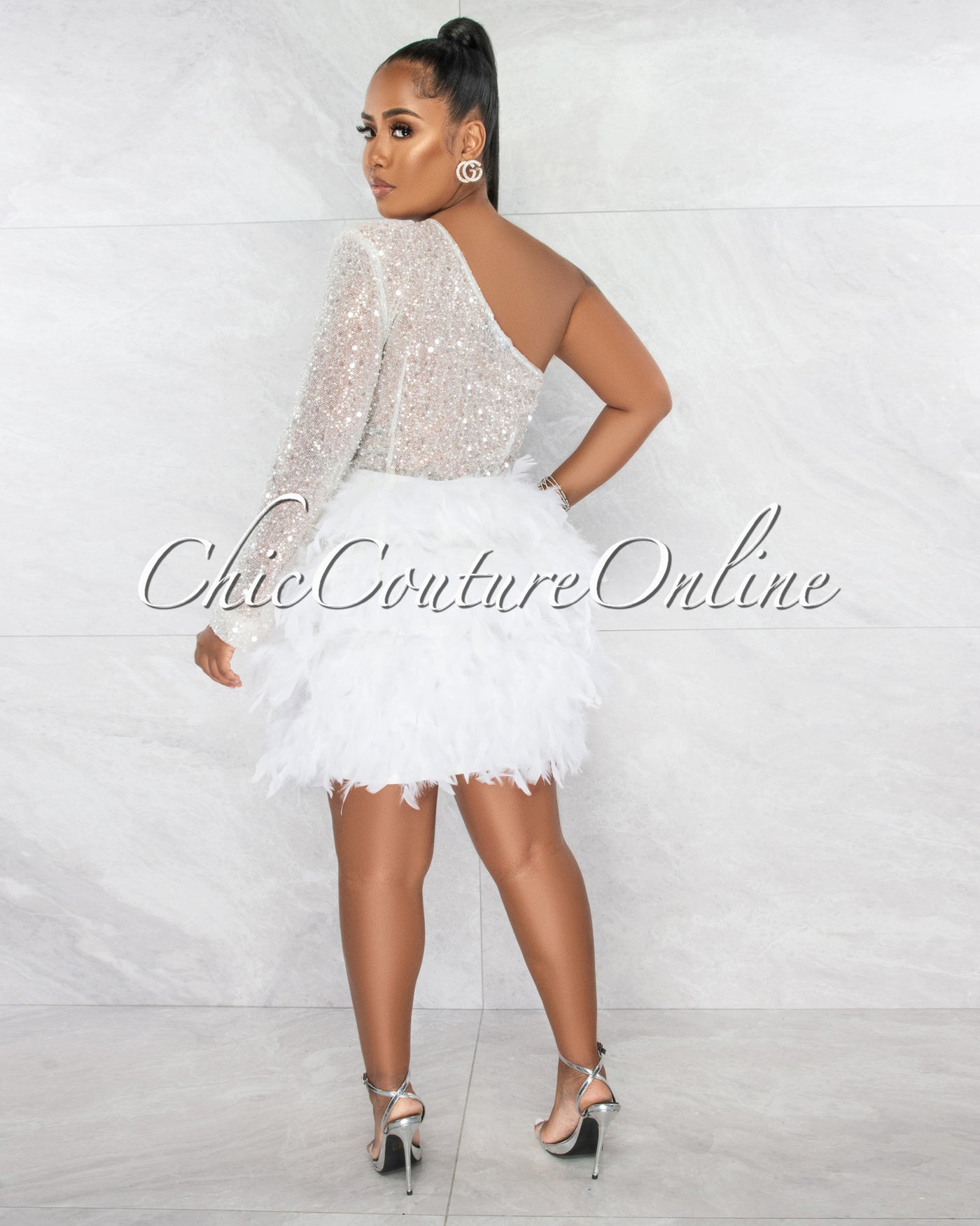 *Bannie White Nude Illusion Sequins Pearls Feathers Hem Dress