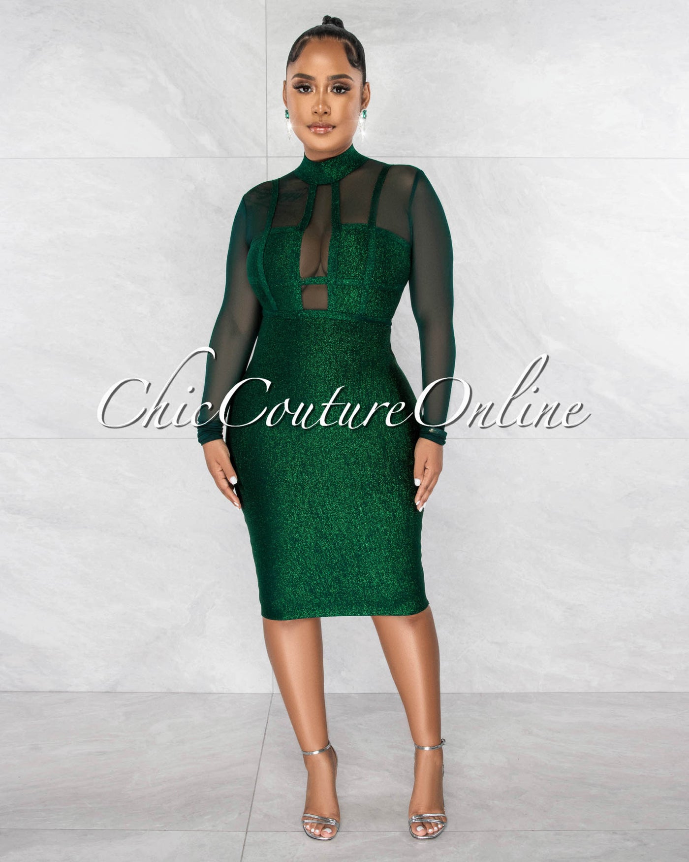 Farlane Hunter Green Shimmer Mesh Accent Bandage Dress