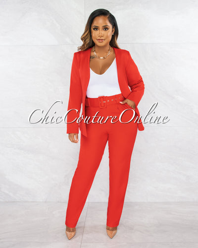 *Eciana Red Open Blazer & Belted Pants Set