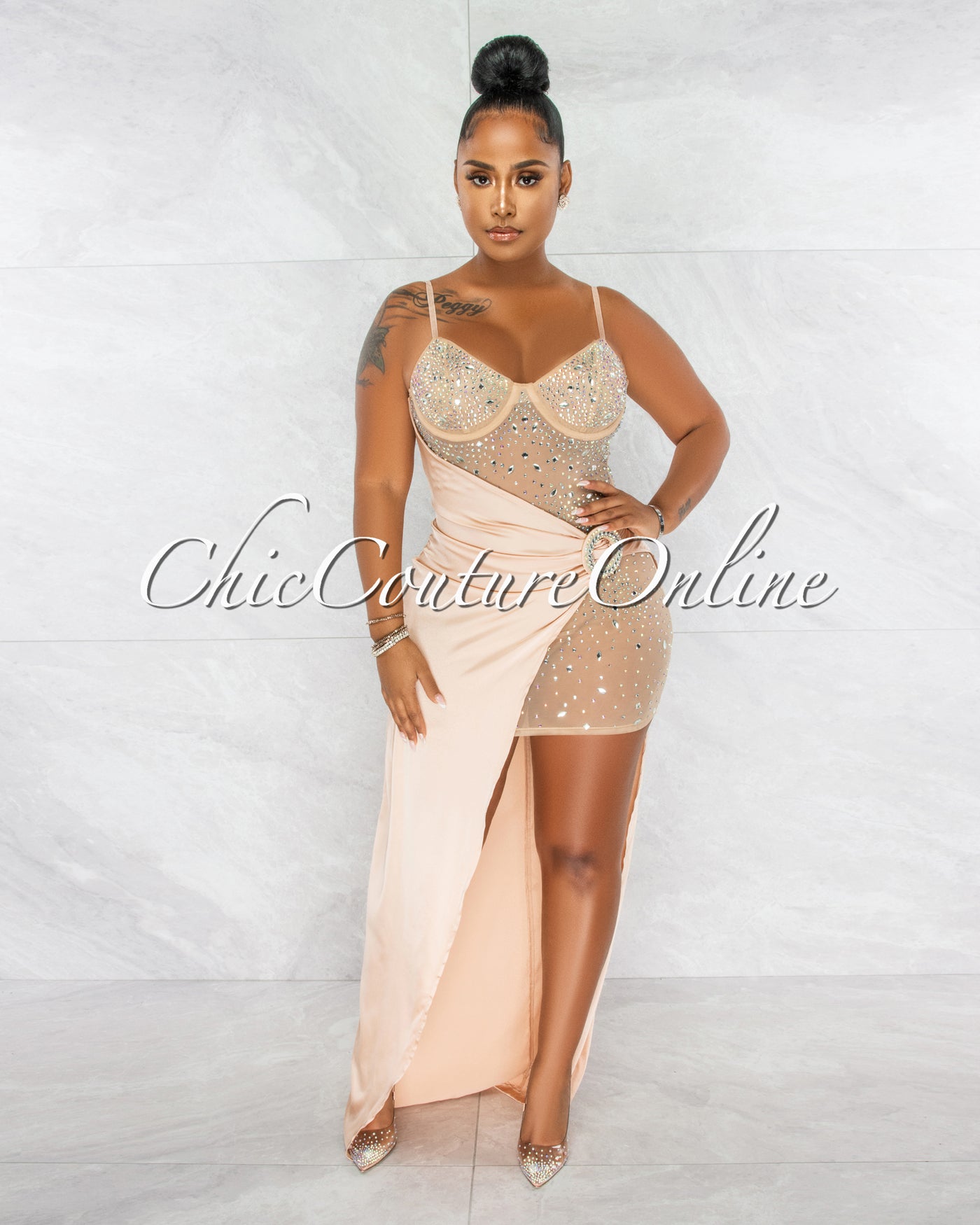 *Briella Nude Rhinestones Mesh Sheer Dress & Gold Silky Overlay