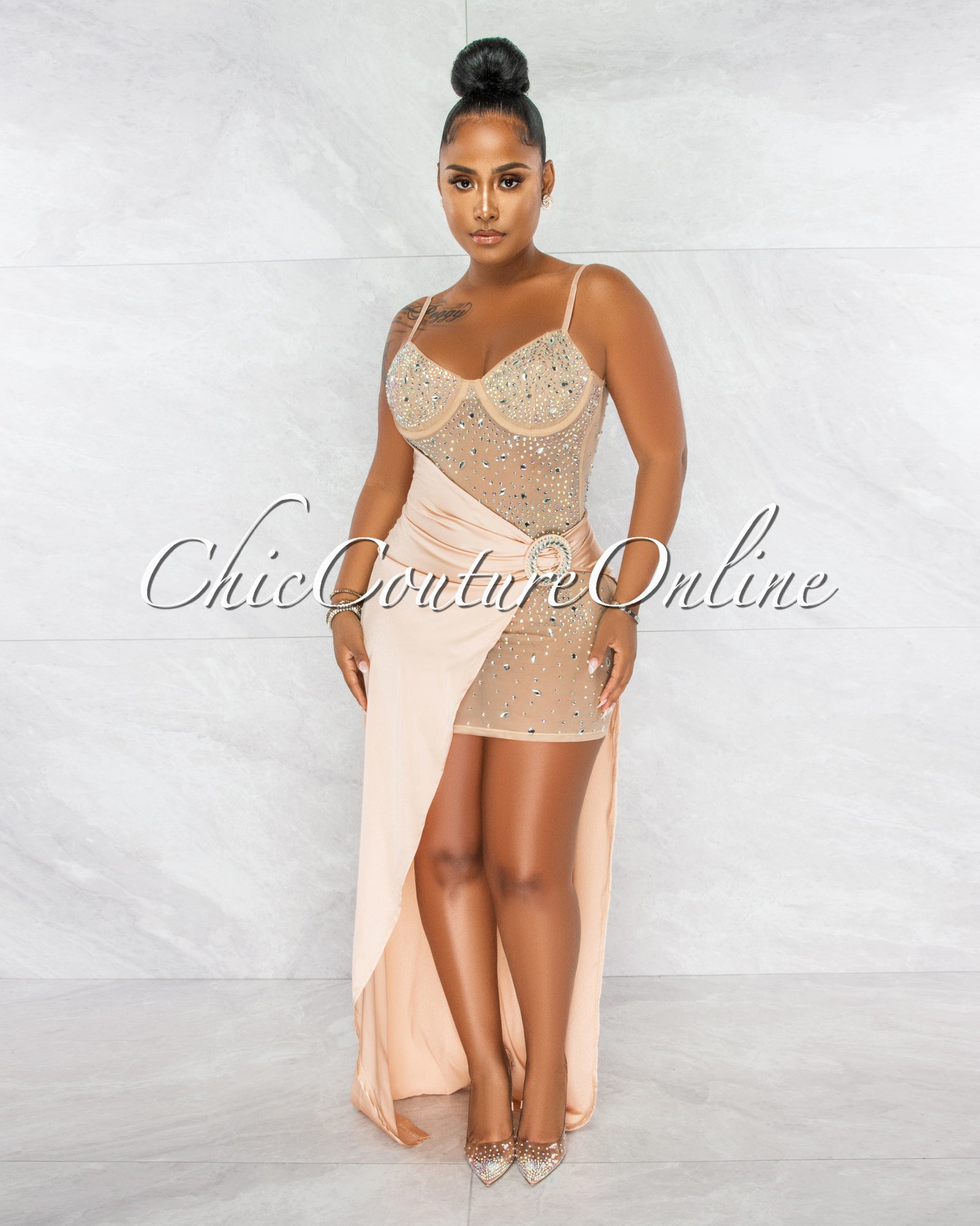 *Briella Nude Rhinestones Mesh Sheer Dress & Gold Silky Overlay