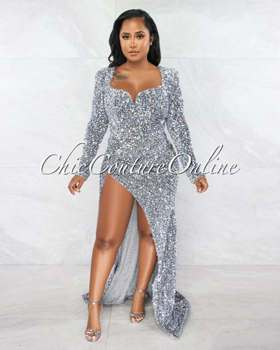 Violette Silver Sequins Queen Anne Long Sleeves Bodysuit Maxi Dress