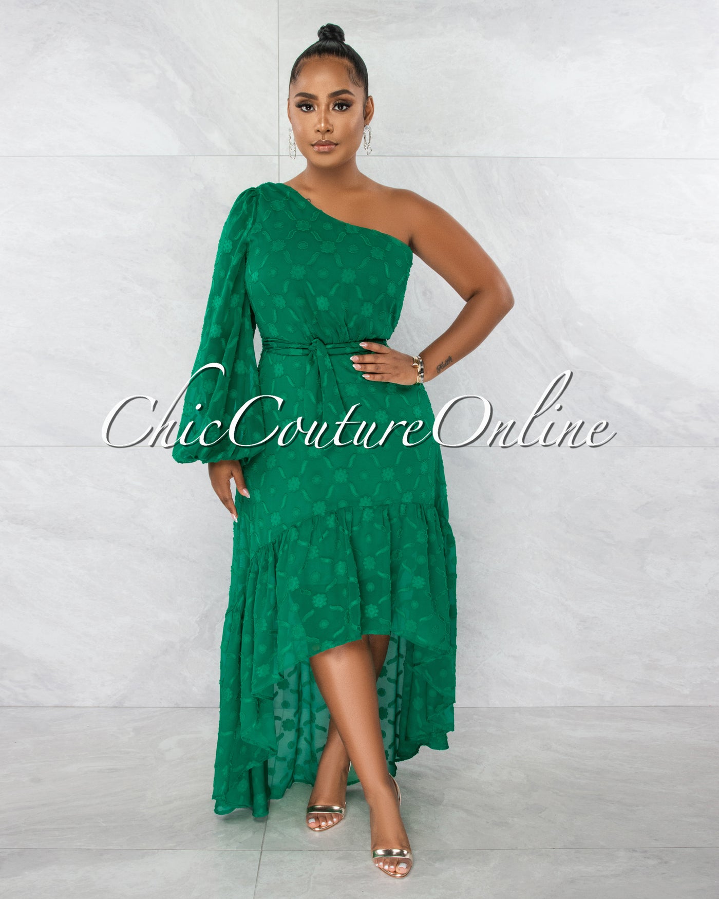*Mathias Green Embroidery Single Shoulder Hi-Lo Maxi Dress