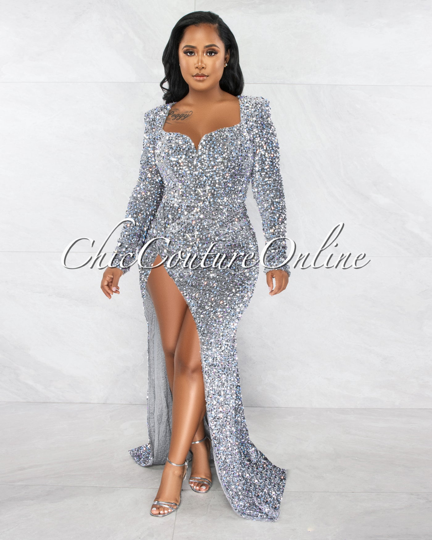 Violette Silver Sequins Queen Anne Long Sleeves Bodysuit Maxi Dress