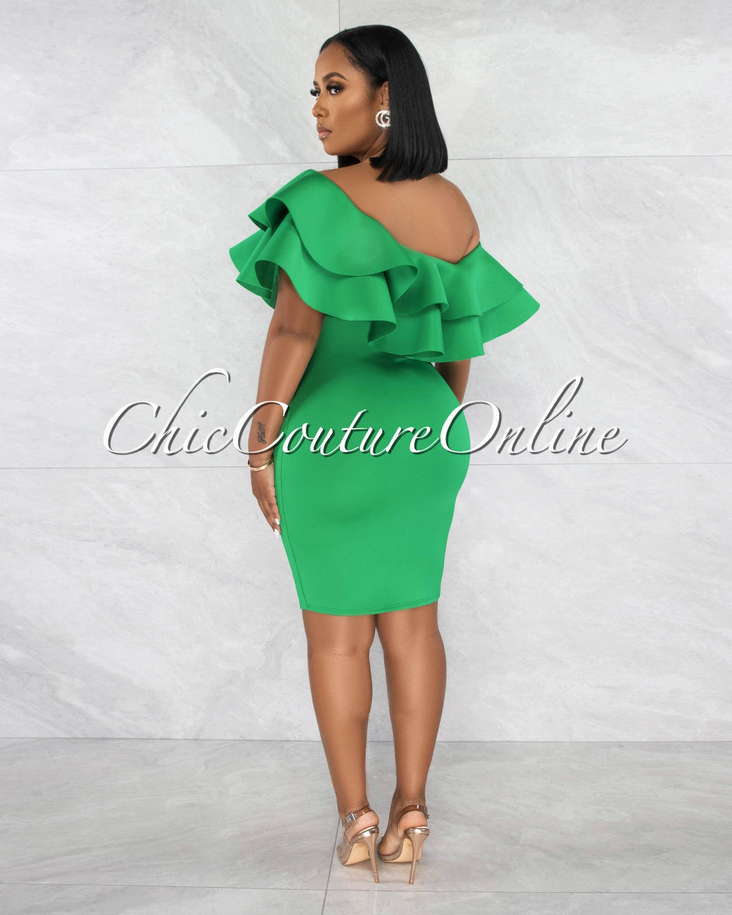 Renaldi Green Off-The Shoulder Ruffle Top Ponti Dress – Chic Couture Online