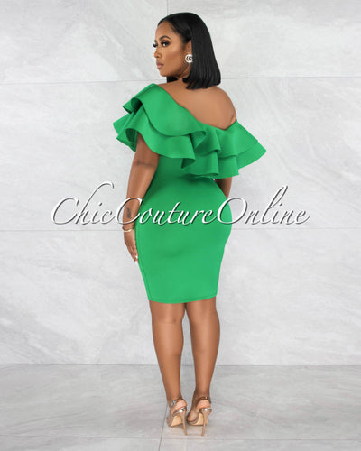 Renaldi Green Off-The Shoulder Ruffle Top Ponti Dress