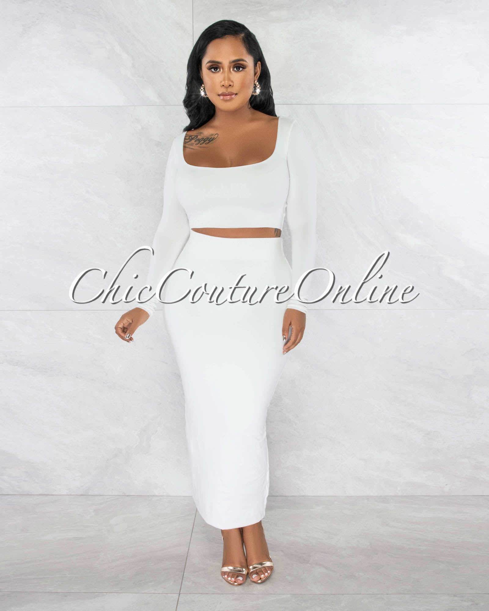 Tuccia Off-White Crop Top & Midi Skirt Double Lined Set