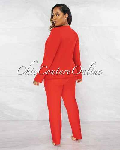 *Eciana Red Open Blazer & Belted Pants Set