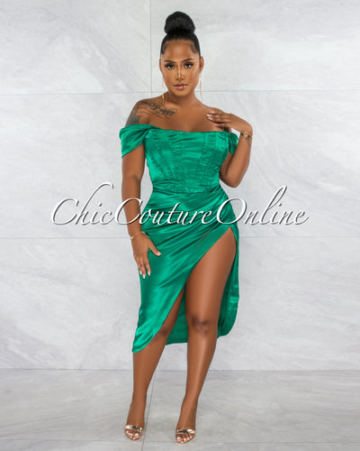*Dimah Emerald Green Drape Corset Midi Dress